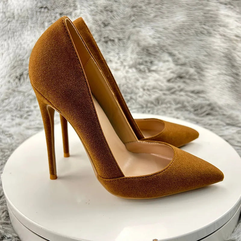 Brown Flock Pointy Toe High Heel Shoes for Sexy Women with Curl Cut