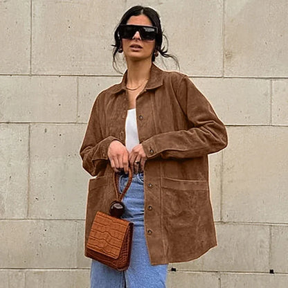 Vintage Suede Women's Jackets Casual Turn-down Collar Female Coat 2024 Autumn Fashion Single Breasted Lady Jacket Outwear