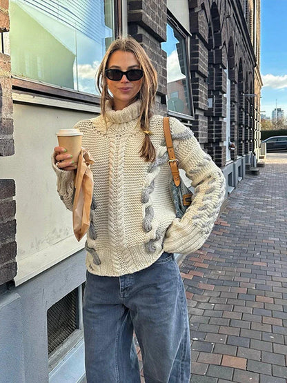 Elegant Turtleneck Women's Sweater Contrast Twist Knitted Pullovers Crocheted Knitwear Long Sleeved Top 2024 Autumn Loose Jumper