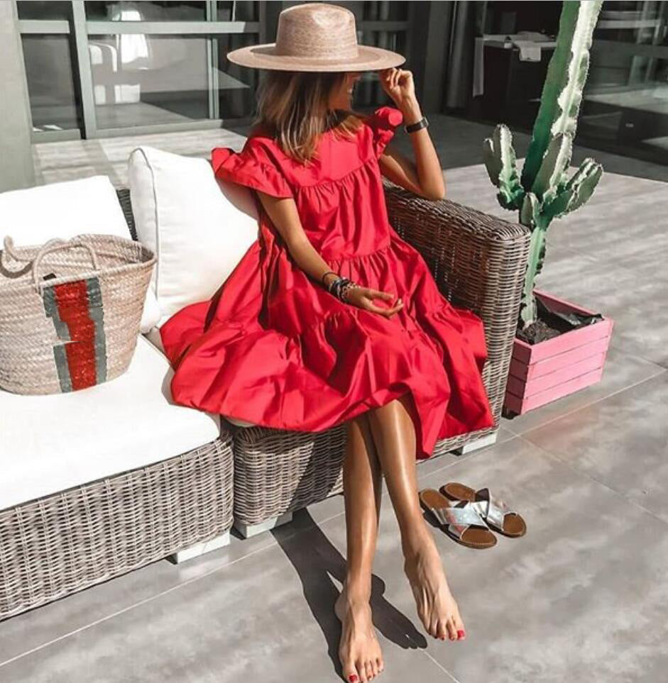 Tiered Ruffle Flutter Sleeve Round Neck Babydoll Mini Dress