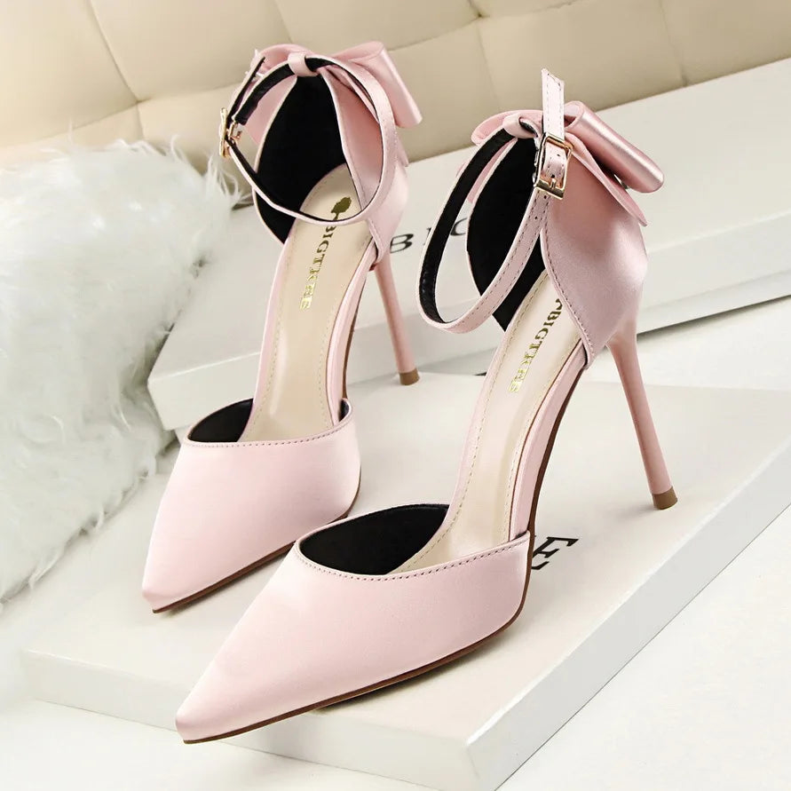 Korean Style Pipanus High Heels Satin Sandals with Bows Women's Shoes