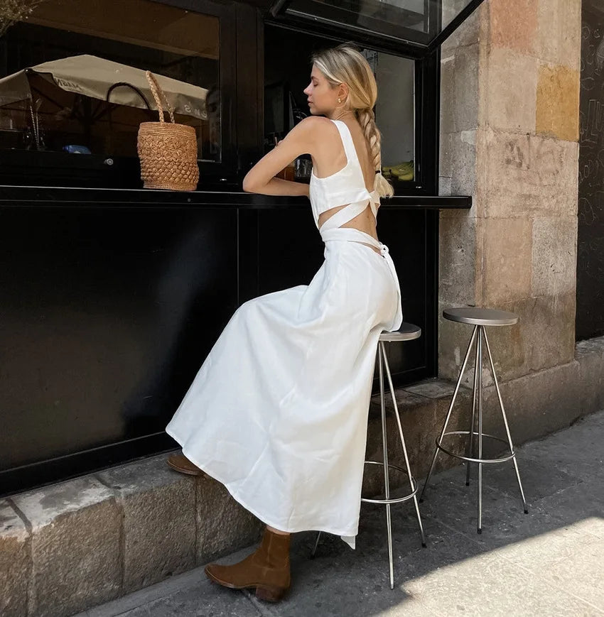 Square Neck Wide Strap Lace Up Waist A-Line Maxi Dress