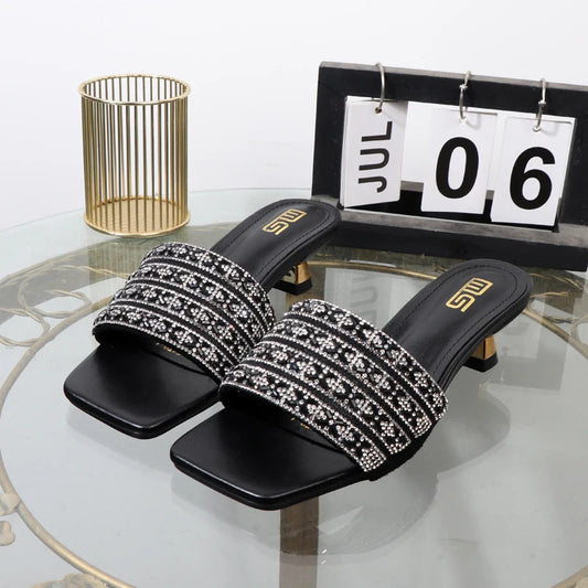 Luxurious Rhinestone Square Toe Black Sandals with 4CM Heel