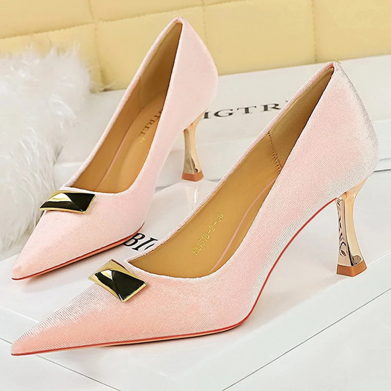 Kitten Heel Pointed Metal Buckle Pumps for Women with Metal Heel