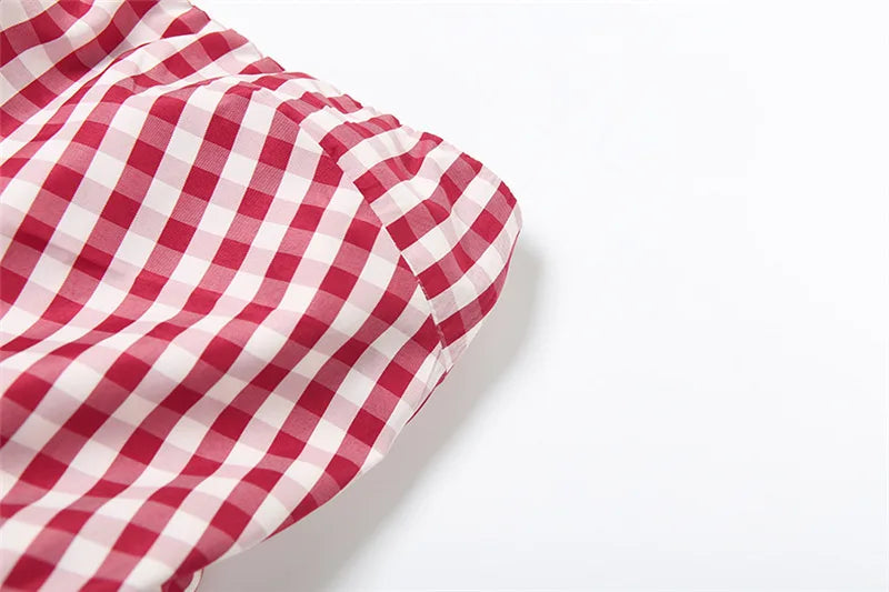 Spring Summer Plaid Tops for Women Streetwear Strapless Off Shoulder Backless Ruched Red T-shirt Girls Sleeveless Tees Top