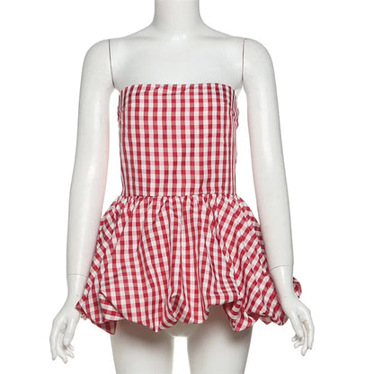 Spring Summer Plaid Tops for Women Streetwear Strapless Off Shoulder Backless Ruched Red T-shirt Girls Sleeveless Tees Top