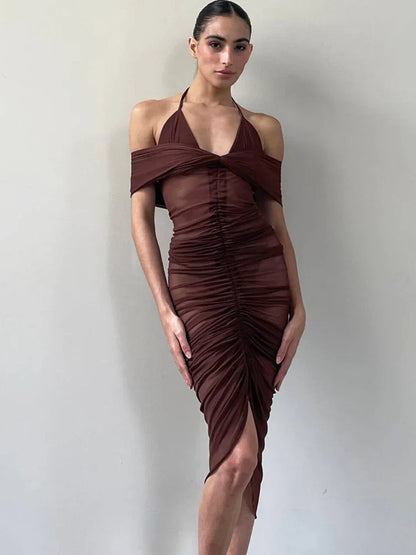 Mesh Sheer Halter Knee-Length Mini Dress