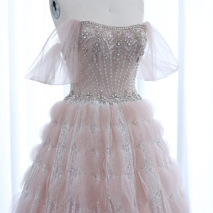Crystal Princess Ball Gown Blush Pink Ruffles Evening Dress