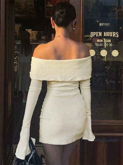 Rib Knit Off Shoulder Bow Detail Bell Sleeve Bodycon Mini Dress