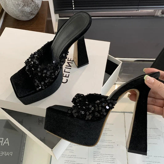 Sequin Cloth Pleated Platform Slide Shoes for Women