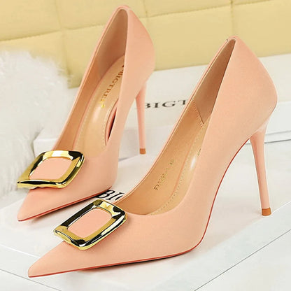Metal Buckle High Heels Women Shoes Silks Satins Pointed Toe