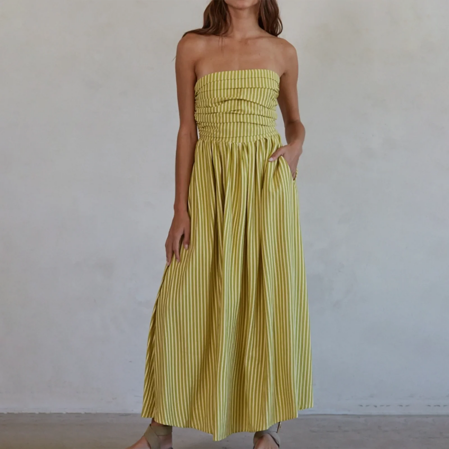 Striped Strapless Flowy Tube Midi Dress