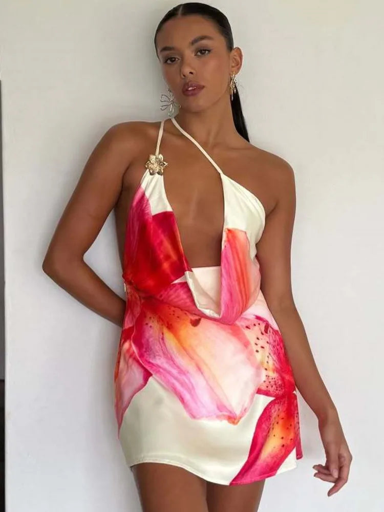 One Shoulder Hollow Out Ruched Sleeveless Vacation Dress