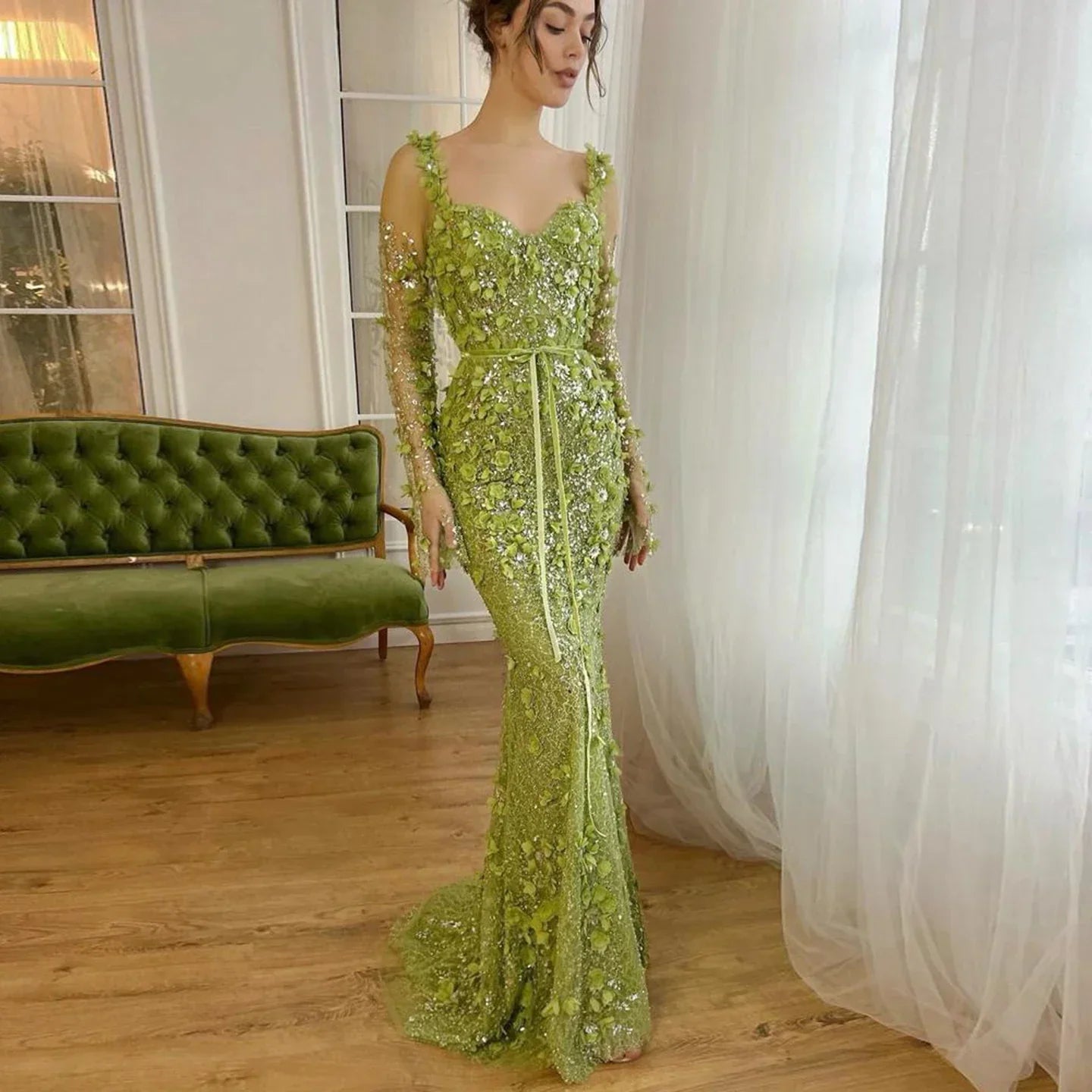 3D Floral Mermaid Evening Dress with Long Sheer Sleeves