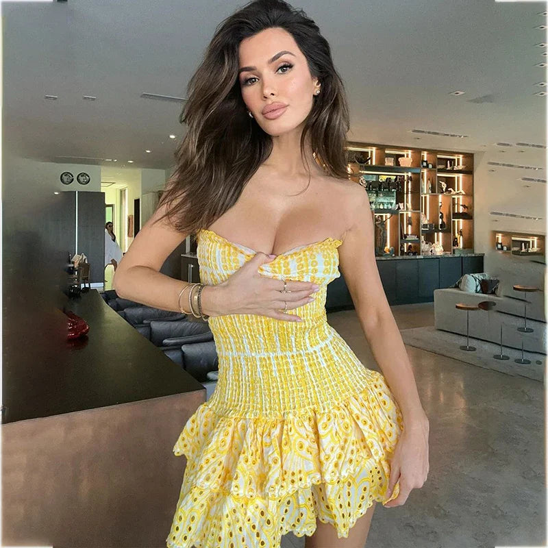 Hollow Strapless Print Slim Pleated Mini Prom Dress