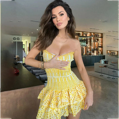 Hollow Strapless Print Slim Pleated Mini Prom Dress