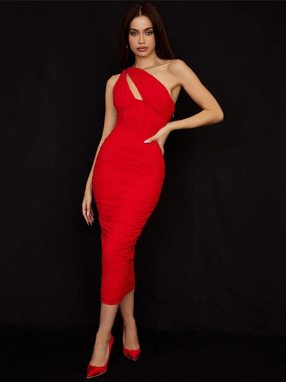 One Shoulder Ruched Bodycon Midi Dress