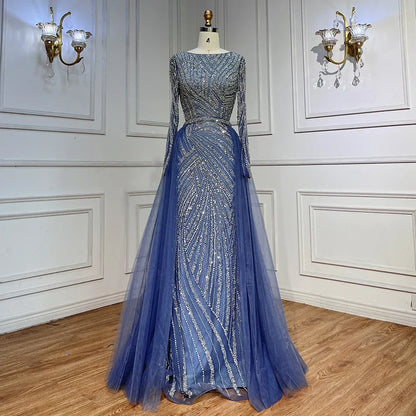 Blue Mermaid Beaded Long Sleeves Evening Gown