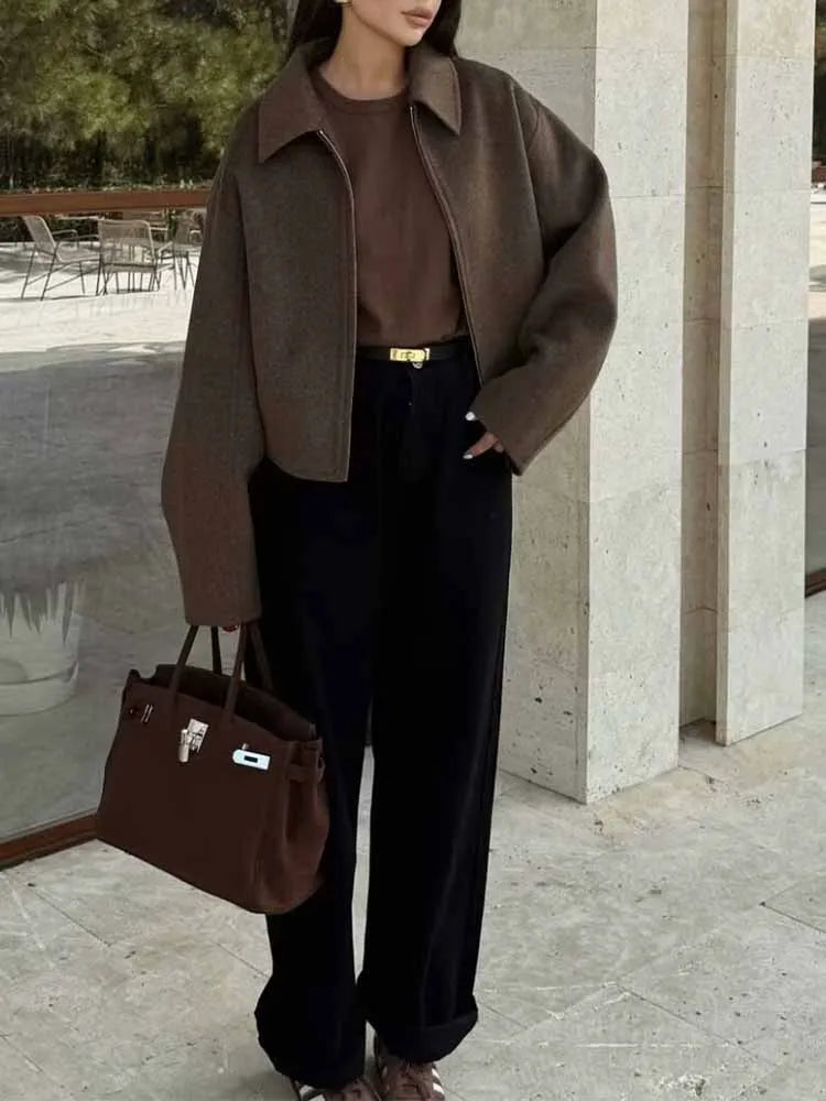 Woolen Zipper Lapel Casual Coat