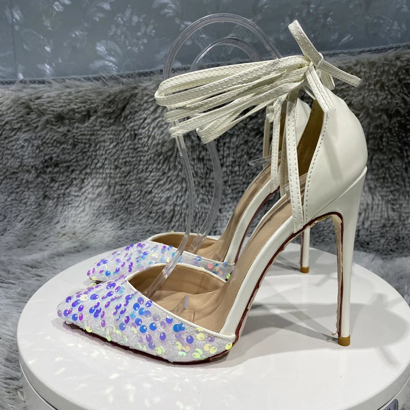 Sequined Pointy Toe High Heel Leg Strap Shoes