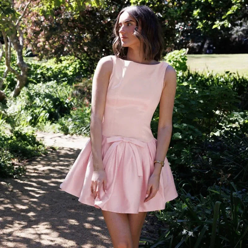 Bow Backless Pleated Slim Mini Dress