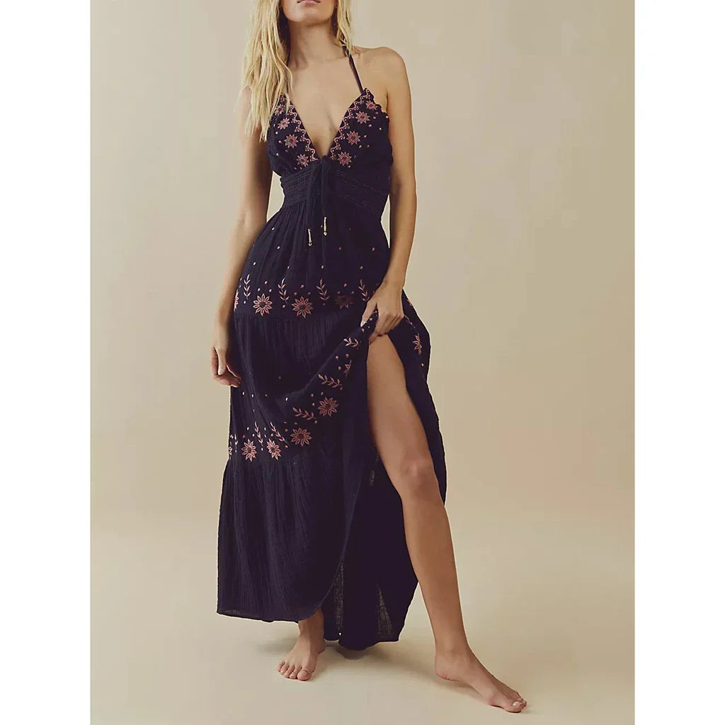 Embroidered Halter Smocked Vacation Dress