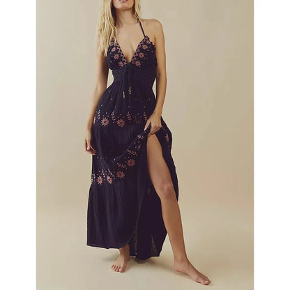 Embroidered Halter Smocked Vacation Dress