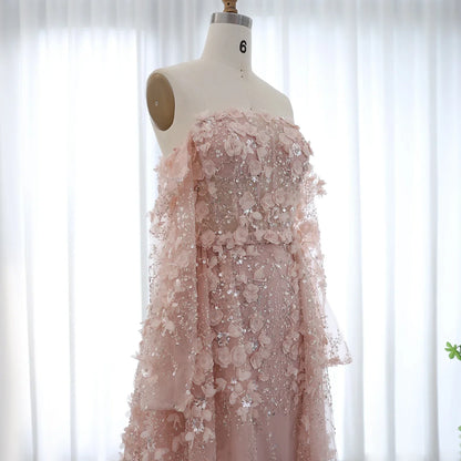 3D Flowers Evening Dress with Overskirt Long Sleeves