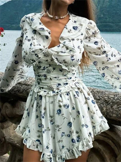 Floral Print Ruffle Collar Button Front Ruched Waist Mini Dress