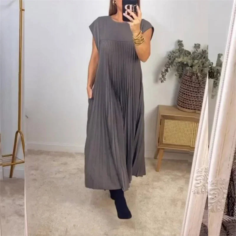 Micro Pleated Round Neck Cap Sleeve A-Line Midi Dress