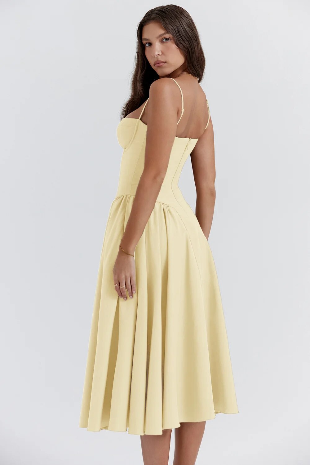 Corset Bustier Spaghetti Strap Basque Waist Pleated Midi Dress