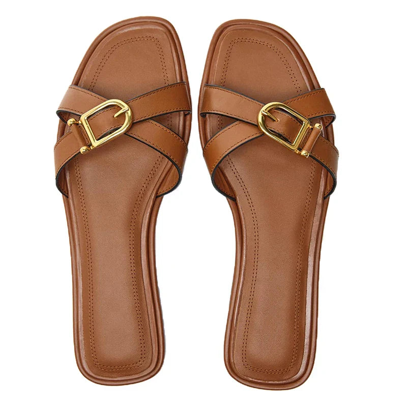 | Italian Leather Cutout Slide Sandal