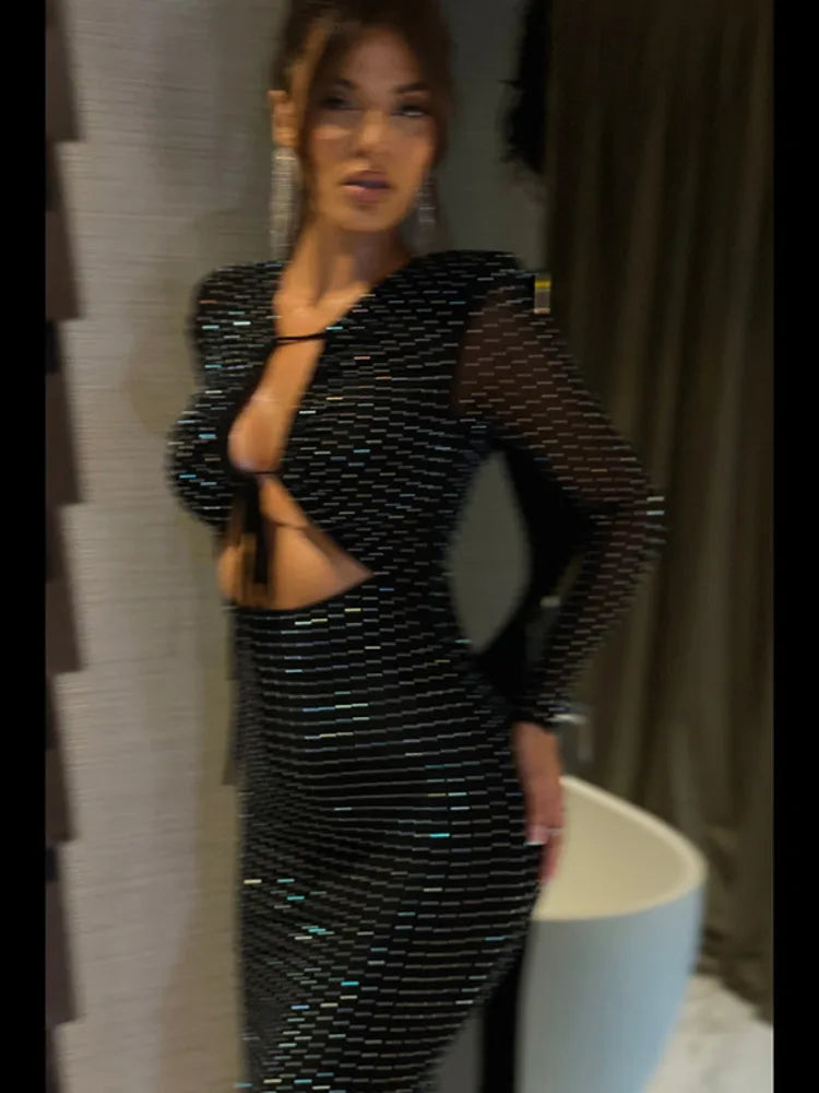 Sequin Sheer Long Sleeve Midi Dress