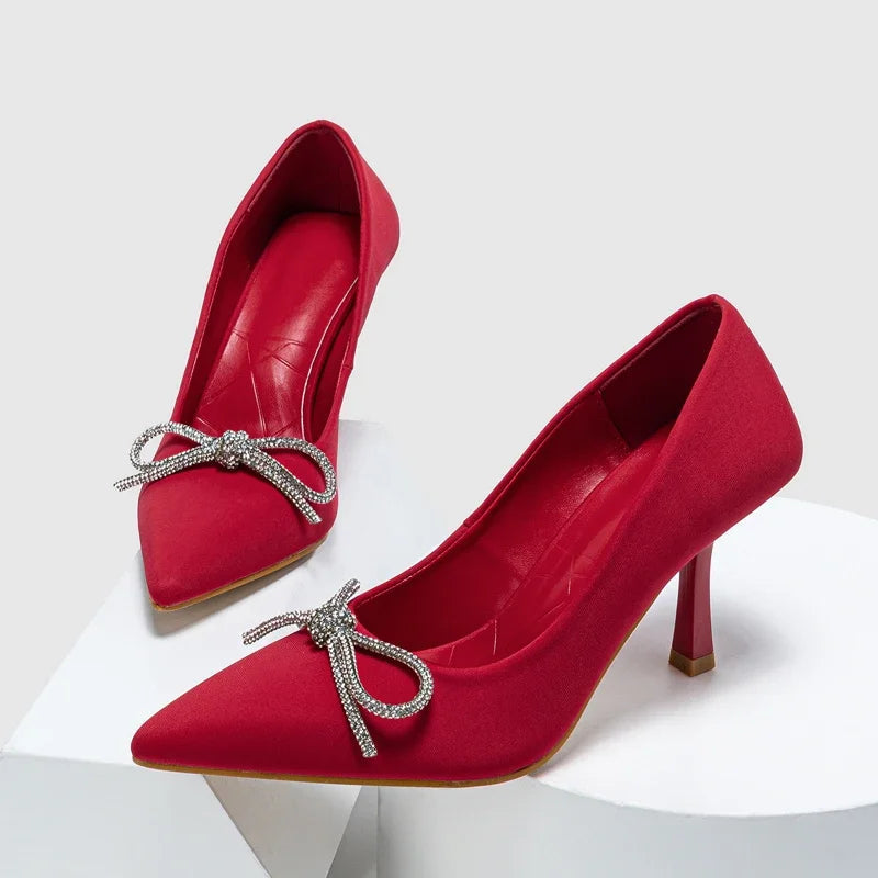 Crystal Bowknot Pointed Toe Women Pumps - Thin High Heels for Spring and Autumn