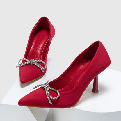 Crystal Bowknot Pointed Toe Women Pumps - Thin High Heels for Spring and Autumn