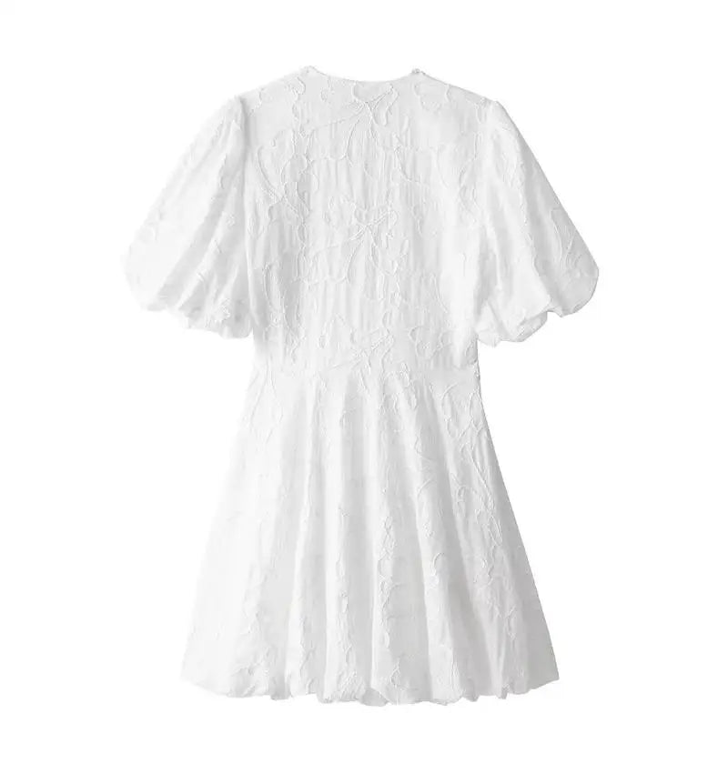 Jacquard Floral V-Neck Puff Sleeve Bubble Hem Mini Dress