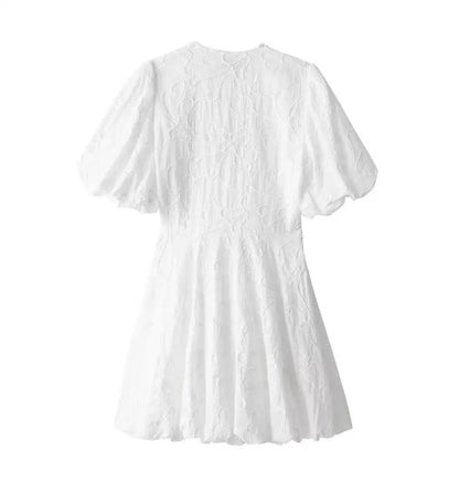 Jacquard Floral V-Neck Puff Sleeve Bubble Hem Mini Dress
