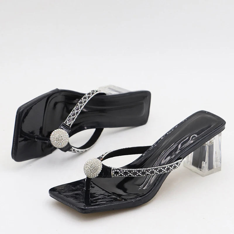 Glitter Rhinestones Transparent Low Heels Slippers Crystal Strap Sandals for Women