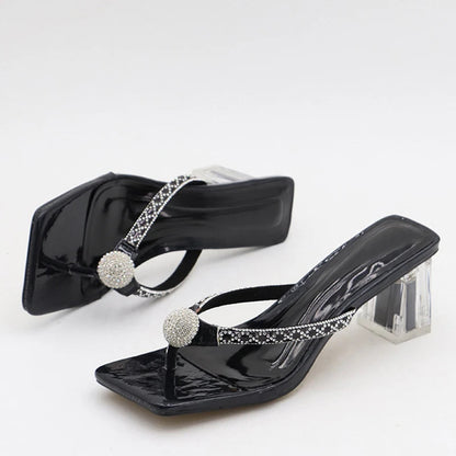 Glitter Rhinestones Transparent Low Heels Slippers Crystal Strap Sandals for Women