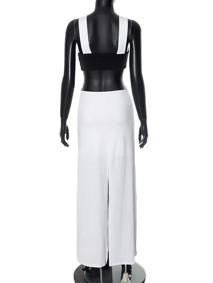 Patchwork Contrast Hollow Out Split Long Dress