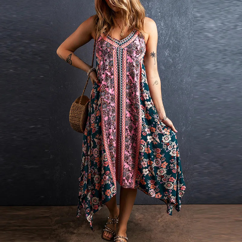 Sleeveless Backless Floral Printed Cotton Boho Dress