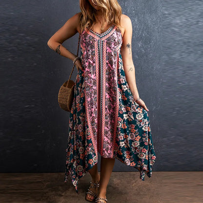 Sleeveless Backless Floral Printed Cotton Boho Dress