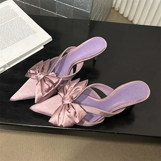 Spring Women Slippers Sandals with Butterfly-knot Detail and Pointed Toe High Heel Pumps