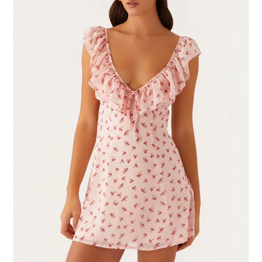 Sleeveless Ruffled Trim V Bodycon Dress