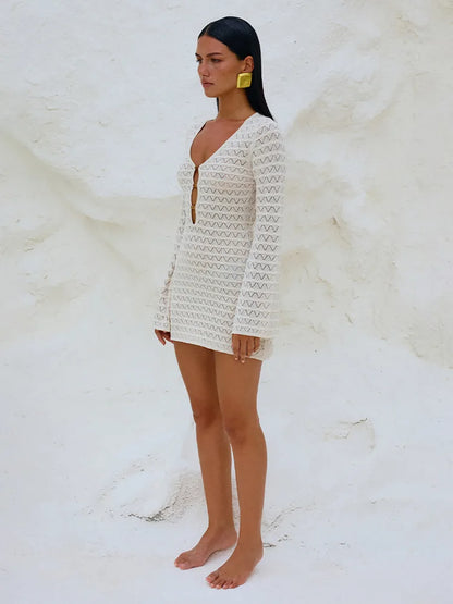 Sexy Knitted White Hollow Out Vacation Dress