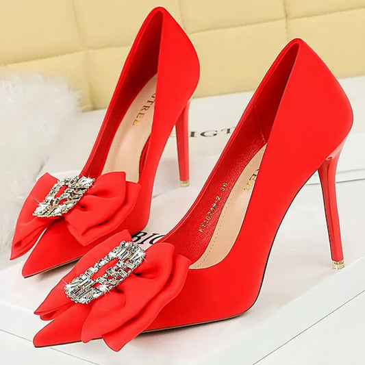 Red Silk Satin Women Pumps with Bowknot High Heels and Rhinestone Decoration