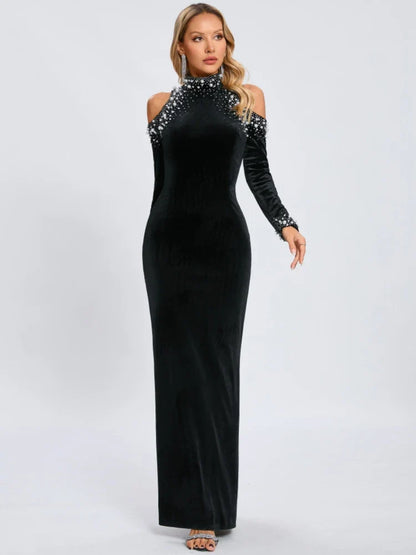 Long Sleeve Black Velvet Pearl Maxi Dress