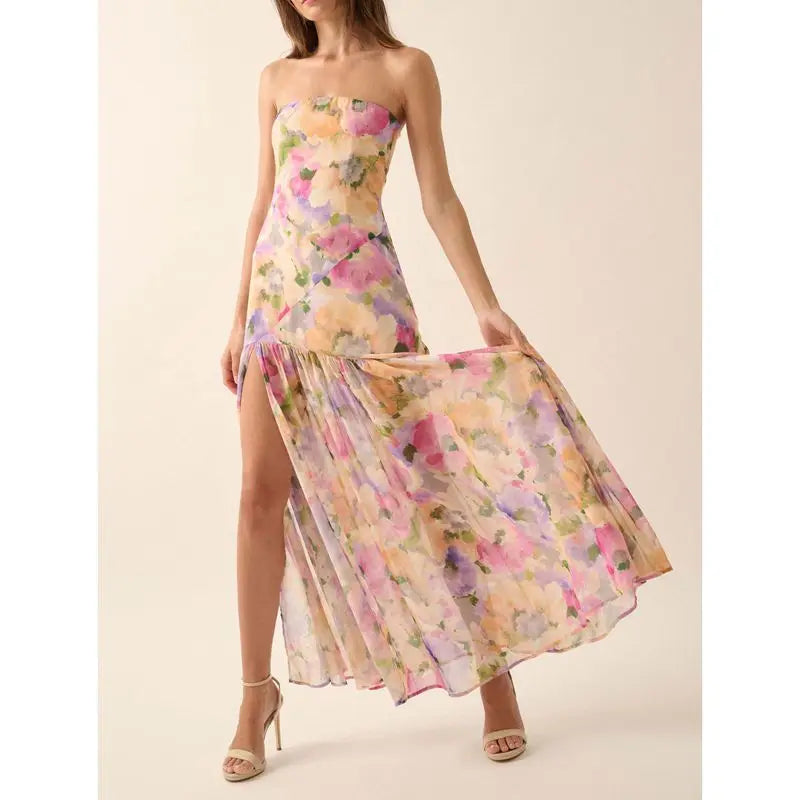 Ruffled Split Floral Bandeau Vacation Dress