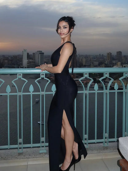 Lace Patchwork Backless Split Party Dress