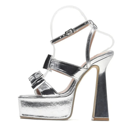 Silver Chunky High Heels Platform Sandals - Runway Style Sexy 15CM